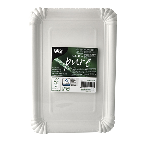Teller, Pappe "pure" eckig 16,5 cm x 23 cm weiss