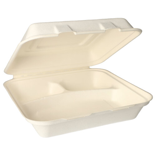 1 x 300 Menüboxen, Zuckerrohr "pure" 3-geteilt 8 cm x 24 cm x 24 cm