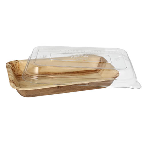 5 x 10 Schalen, Palmblatt eckig 400 ml 5 cm x 14 cm x 20 cm mit rPET Deckel "Kombipack"
