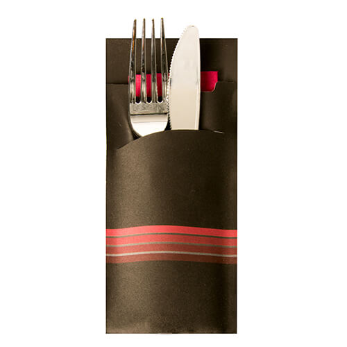 Bestecktaschen 20 cm x 8,5 cm schwarz/bordeaux "Stripes" inkl. farbiger Serviette 33 x 33 cm