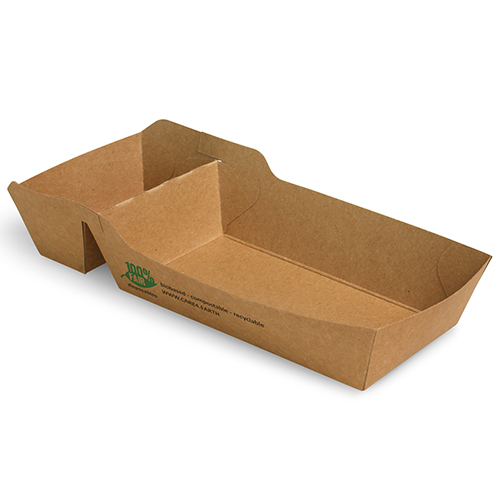 12 x 80 Pommes-Frites-Trays, Pappe "pure" 2-geteilt 3,5 cm x 7 cm x 16,3 cm braun "100% Fair" mittel