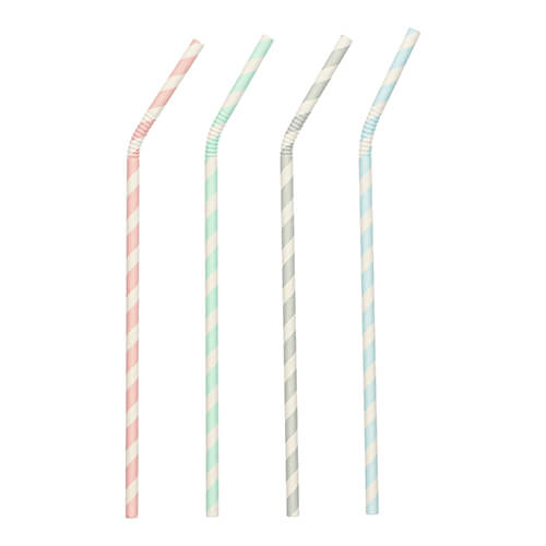 Trinkhalme, flexibel, Papier Ø 6 mm · 20 cm farbig sortiert "Stripes" einzeln gehüllt