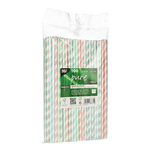 Trinkhalme, flexibel, Papier Ø 6 mm · 20 cm farbig sortiert "Stripes" einzeln gehüllt