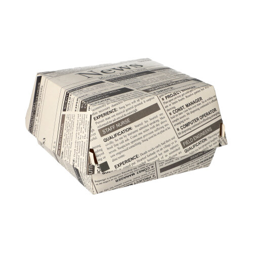 8 x 50 Burgerboxen, Pappe 7,8 cm x 11 cm x 11,5 cm "Newsprint" groß