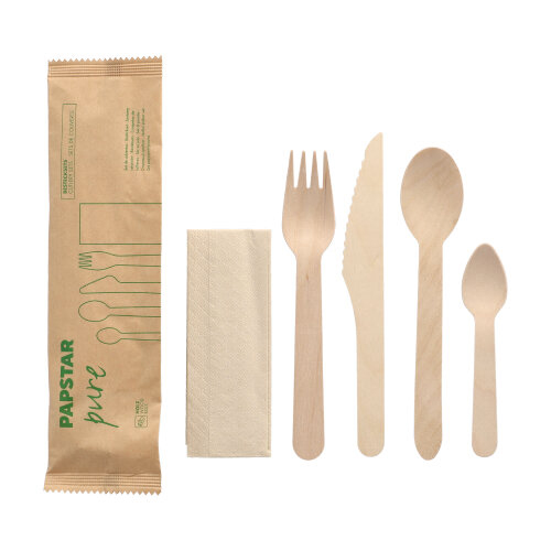 10 x 50 Bestecksets Holz "pure" : Messer, Gabel, Löffel, Kaffeelöffel, Serviette in Papierbeutel