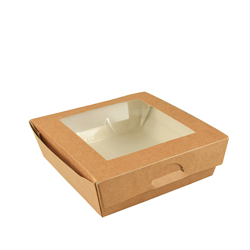 Feinkostboxen, Pappe mit Sichtfenster aus PLA eckig 1000 ml 16 cm x 16 cm x 5 cm braun