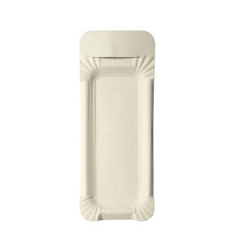 Teller, Pappe [ff] eckig 8 cm x 21 cm weiss mit Anfasser