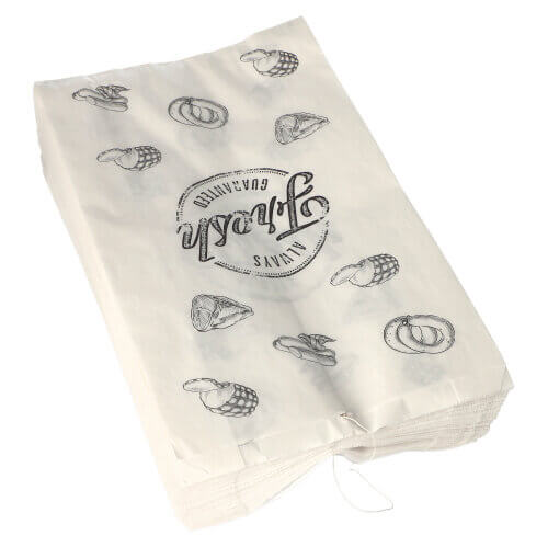 Fleischerbeutel, Kraftpapier, gefädelt 32 cm x 20 cm x 7 cm weiss "Wurstwaren" mit Druck, g