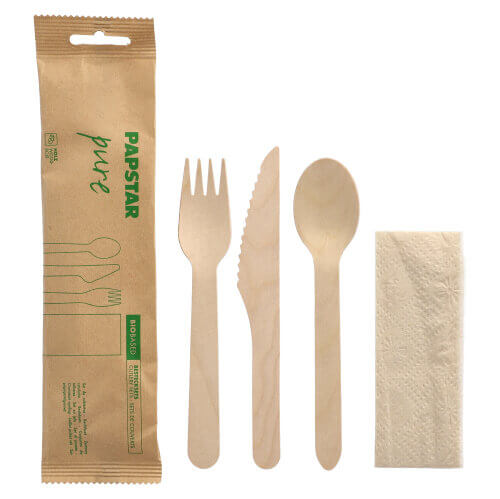 10 x 50 Bestecksets, Holz "pure" : Messer, Gabel, Löffel, Serviette in Papierbeutel