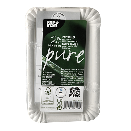 Teller, Pappe "pure" eckig 10 cm x 16 cm weiss