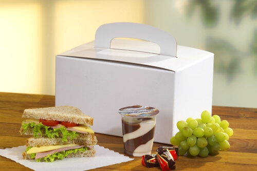 Lunch-Boxen, Pappe eckig 12,5 cm x 15,5 cm x 22,5 cm weiss mit Tragegriff