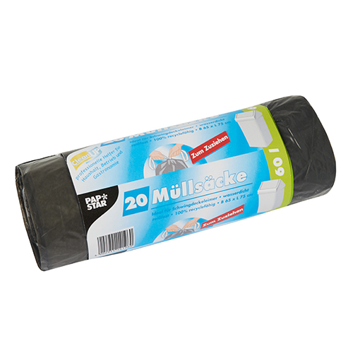 12 x 20 Müllsäcke mit Zugband, LDPE 60 l 75 cm x 65 cm grau