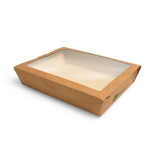 Feinkostboxen, Pappe mit Sichtfenster aus PLA "pure" eckig 1500 ml 4,5 cm x 21 cm x 16 cm bra