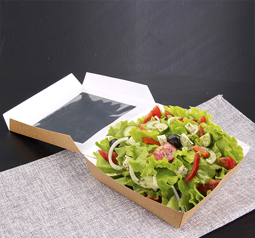Feinkostboxen, Pappe mit Sichtfenster aus PLA eckig 1000 ml 16 cm x 16 cm x 5 cm braun