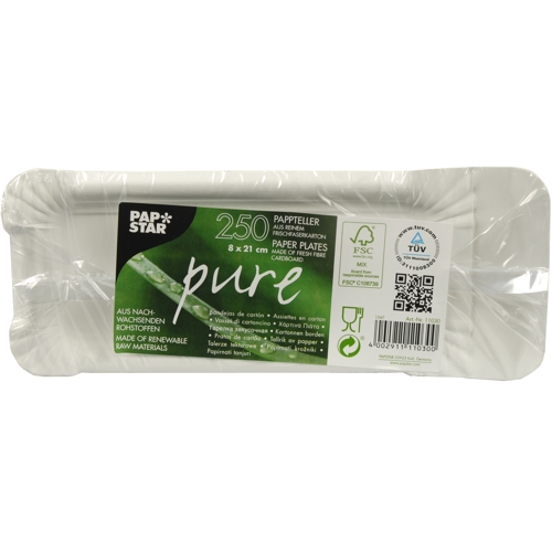 Teller, Pappe "pure" eckig 8 cm x 21 cm weiss mit Anfasser