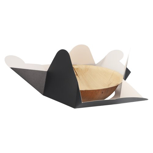 4 x 25 Schalen, Palmblatt rund 900 ml Ø 21 cm · 6 cm natur/schwarz mit separatem Flower-Lid
