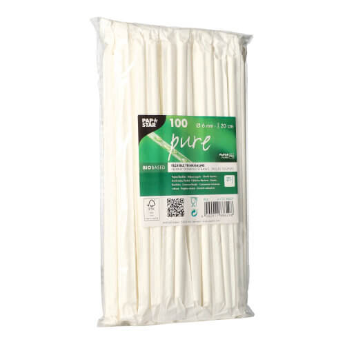 Trinkhalme, flexibel, Papier "pure" Ø 6 mm · 20 cm weiss einzeln gehüllt