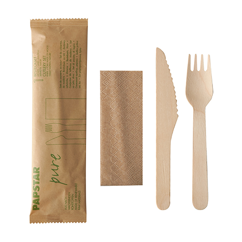 10 x 50 Besteckset, Holz "pure" : Messer, Gabel, Serviette in Papierbeutel