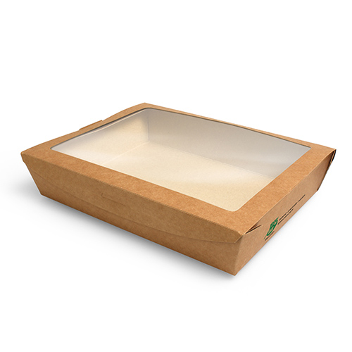 Feinkostboxen, Pappe mit Sichtfenster aus PLA "pure" eckig 1000 ml 4,5 cm x 18 cm x 13 cm bra