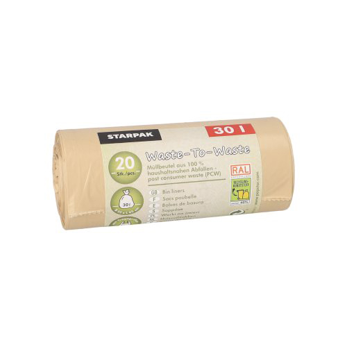 25 x 20 Müllbeutel mit Tragegriffen aus 100% PCW "Waste-To-Waste" 30 l 64,5 cm x 54 cm beige
