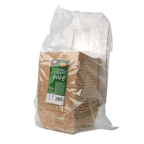 Feinkostboxen, Pappe mit Sichtfenster aus PLA eckig 750 ml 14 cm x 14 cm x 5 cm braun