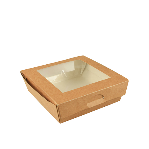 Feinkostboxen, Pappe mit Sichtfenster aus PLA eckig 750 ml 14 cm x 14 cm x 5 cm braun