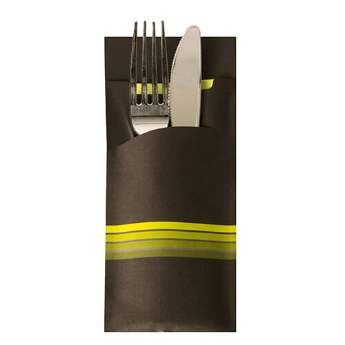 Bestecktaschen 20 cm x 8,5 cm schwarz/limone "Stripes" inkl. farbiger Serviette 33 x 33 cm 2