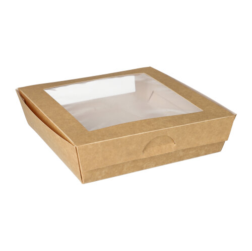 4 x 25 Feinkostboxen, Pappe mit Sichtfenster aus PLA eckig 1500 ml 19 cm x 19 cm x 5 cm braun