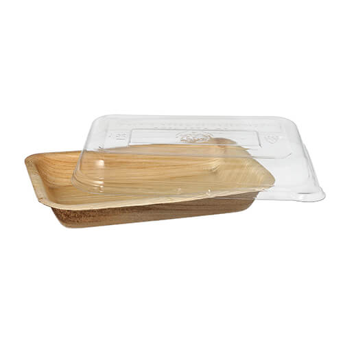 5 x 10 Schalen, Palmblatt eckig 200 ml 4,8 cm x 12 cm x 18 cm mit rPET Deckel "Kombipack"