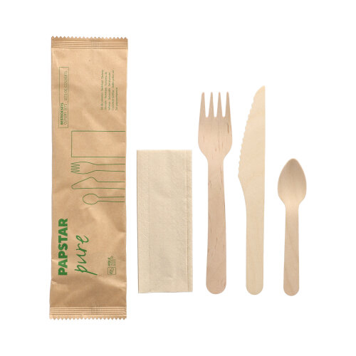 10 x 50 Bestecksets Holz "pure" : Messer, Gabel, Kaffeelöffel, Serviette in Papierbeutel