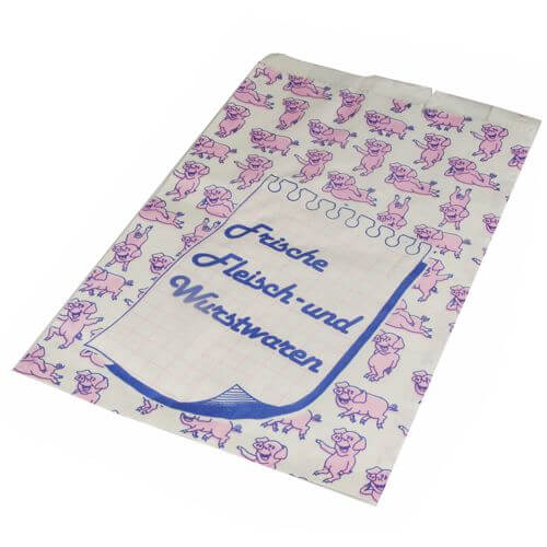 Fleischerbeutel, Kraftpapier, gefädelt 32 cm x 20 cm x 7 cm weiss "Wurstwaren" mit Druck, g