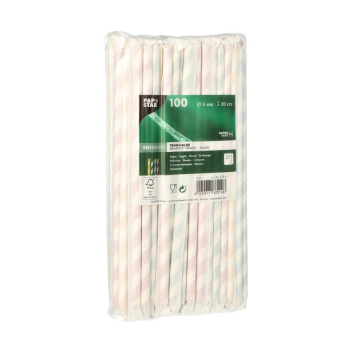 Trinkhalme, Papier Ø 6 mm · 20 cm farbig sortiert "Stripes" einzeln gehüllt