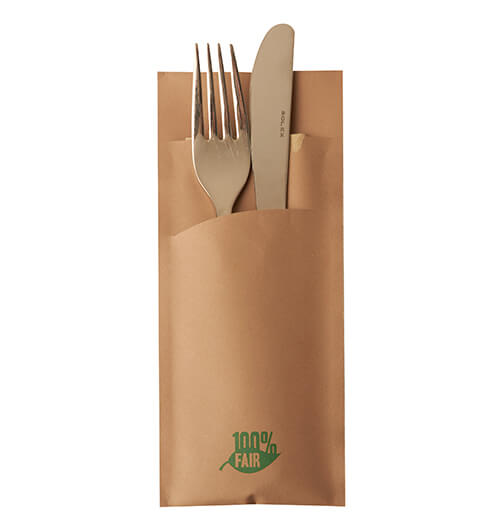Bestecktaschen 20 cm x 8,5 cm braun "100% Fair" inkl. naturfarbener Serviette 33 x 33 cm 2-l