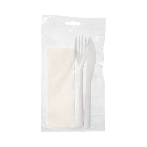 10 x 50 Mehrweg-Bestecksets PP-MF 22 cm : Messer, Gabel, Serviette in Folienbeutel